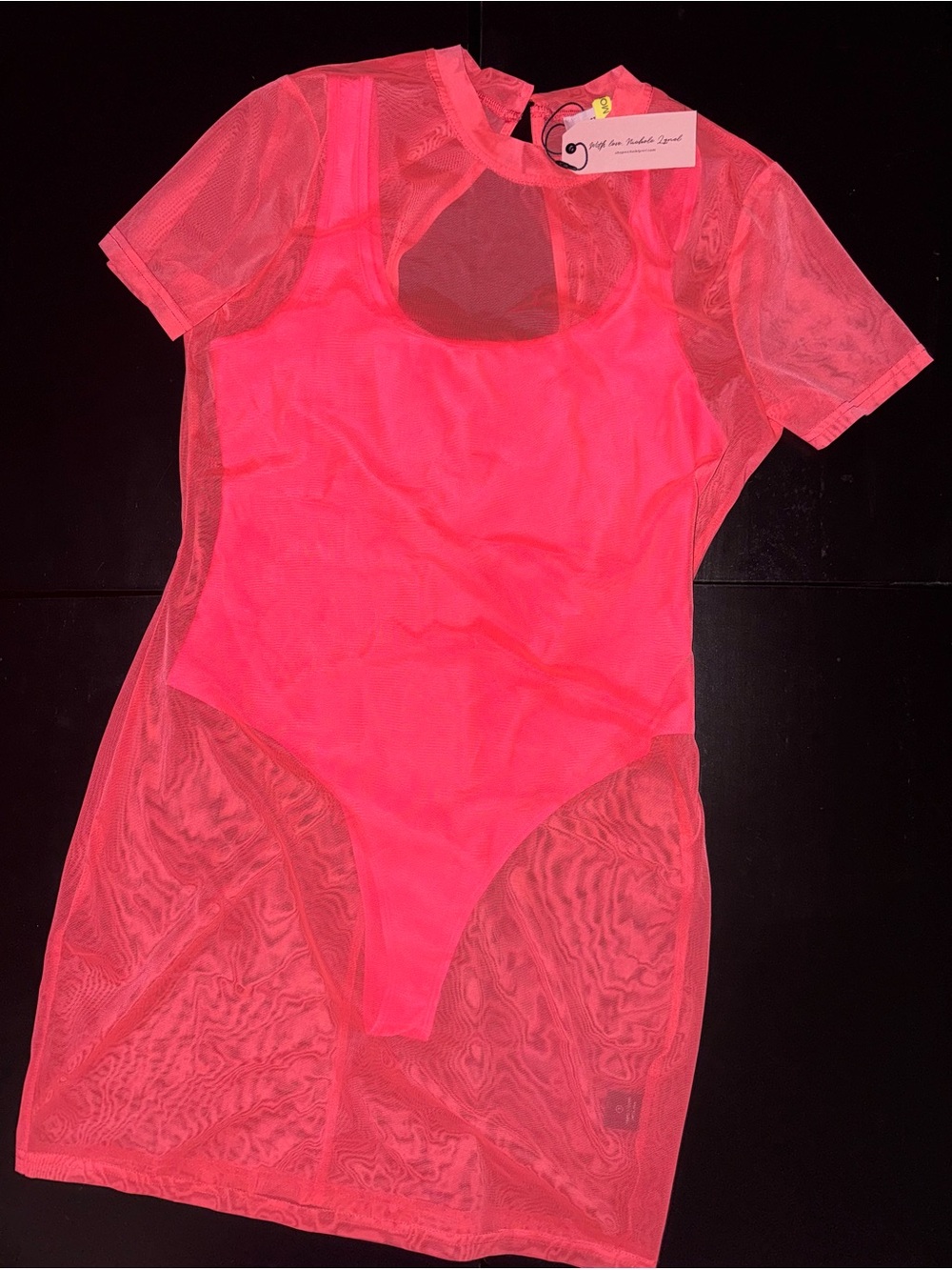 Neon Pink Sheer Mesh Dress with thong Bodysuit - 2pc